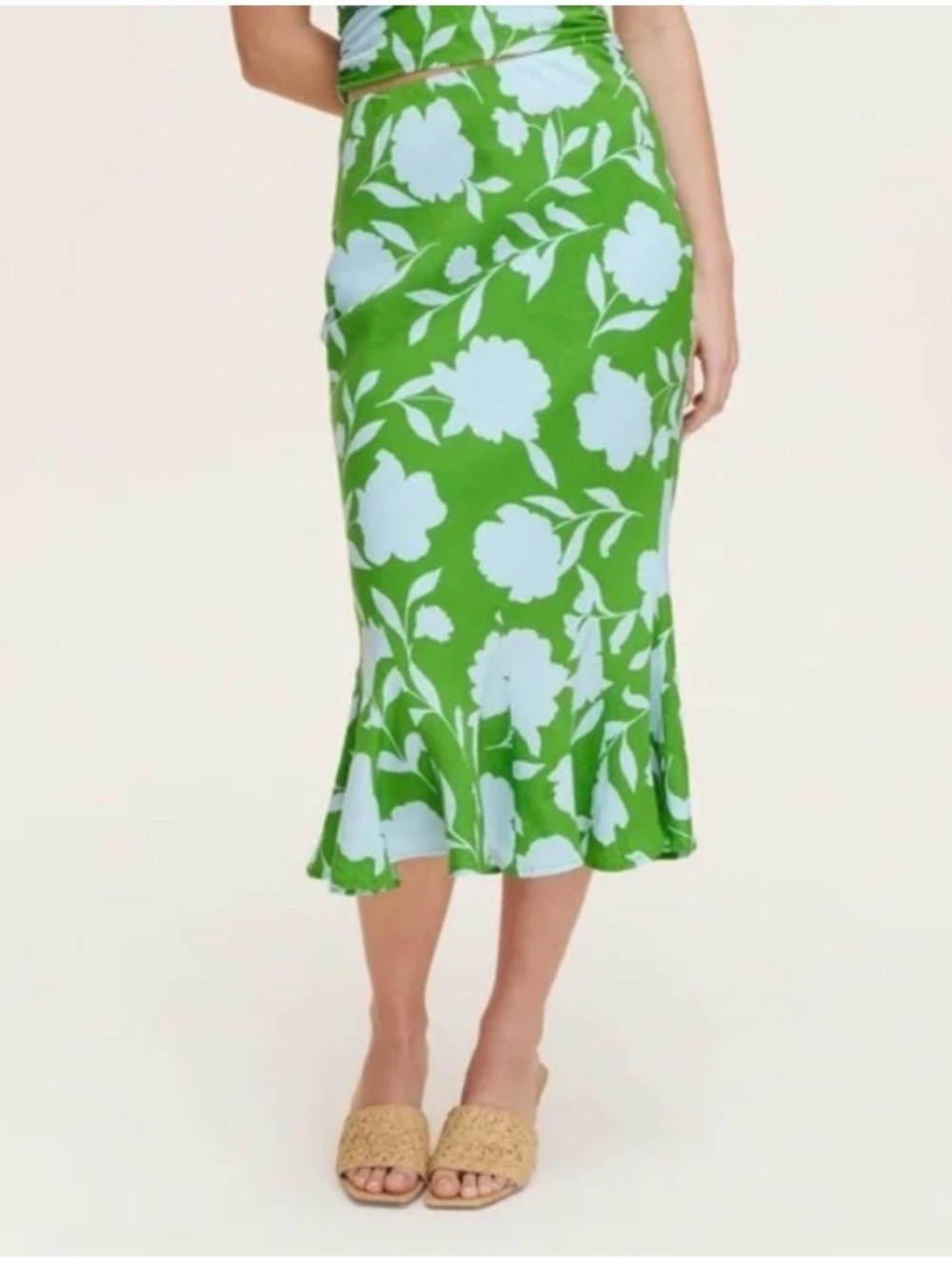 kate spade x Target linen green and light blue floral fit and flare midi skirt